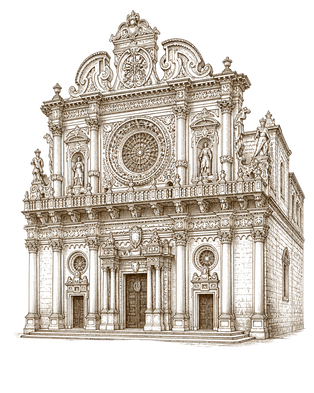 Illustrazione a inchiostro della Basilica di Santa Croce, Lecce